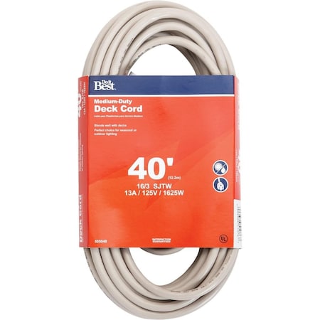 All-Source SJTW Extension Cord, 16 AWG, Outdoor, 16/3, 1 Outlets, Beige, 40 ft OU-JTW163-40X-BE